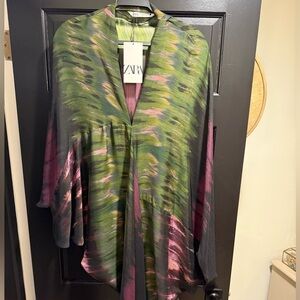 Zara Green and Pink Patterned Kimono M-L